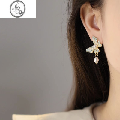 JiMi滴釉蓝色蝴蝶耳环女轻奢小众珍珠耳坠气质设计感高级耳饰无洞耳夹