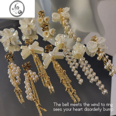 JiMi珍珠花朵轻奢高级感无耳洞耳环气质耳夹流苏垂坠感2023新款耳饰女