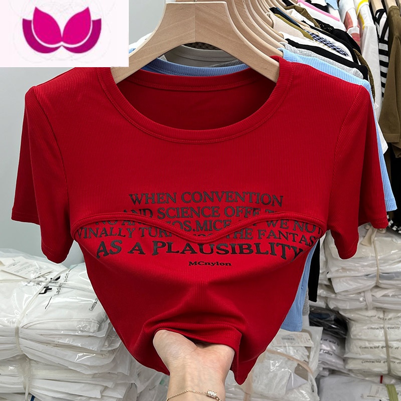 七斓纯欲独特美式复古甜辣妹卡腰短款小衫上衣设计感正肩短袖t恤女夏