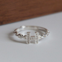 S925纯银字母H镶钻戒指女简约嘻哈街头港风个性开口戒潮搭好物送女朋友老婆情人节七夕生日礼物