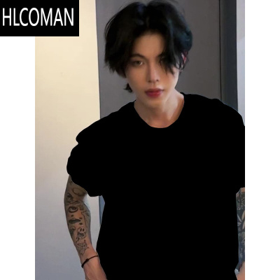 HLCOMANcleanfit黑色短袖美式高街小领口7分袖t恤男夏季内搭半袖