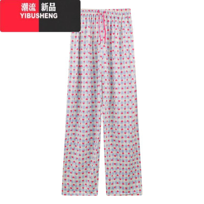 YIBUSHENG设计感印花直筒休闲裤女季薄款松紧腰抽绳居家睡裤阔腿裤长裤子