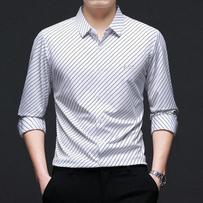 斜条纹印花无痕衬衫男士秋季新款男士中年长袖衬衣商务休闲
