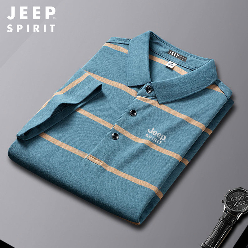 JEEP SPIRIT新款衬衫领POLO衫条纹带领丅桖上衣短袖T恤男士
