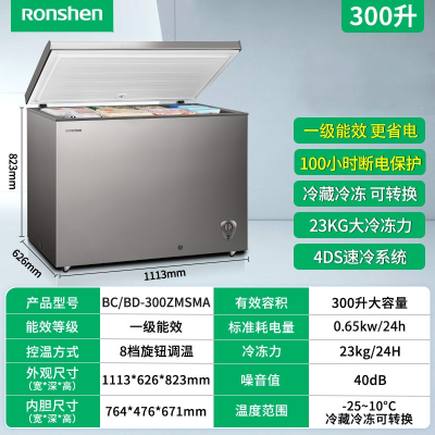  容声Ronshen大容量减霜冰柜家商两用冷藏冷冻单温节能冷柜 BDBC-300ZMSMA300升伯雅钢
