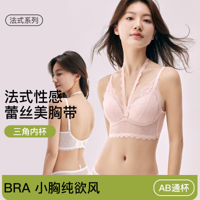 法式蕾丝内衣女小胸聚拢挂脖内搭无钢圈美背胸罩性感辣妹内搭文胸