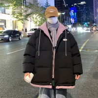 新款港风青年冬季款2023棉衣男假两件连帽外套学生上衣