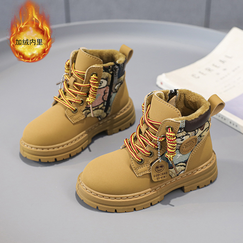 秋冬季加绒保暖高帮运动休闲马丁靴皮革拼接卡通小熊男女同款童靴