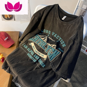 七斓美式发泡短袖t恤男夏季潮牌复古衣服大码宽松青少年潮流半袖