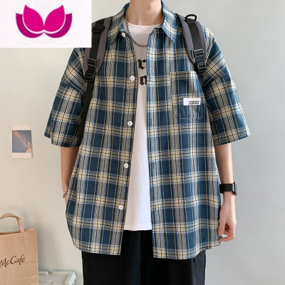 七斓格子衬衫夏季新款男士休闲短袖衬衣潮牌高级感上衣港风男装外套寸