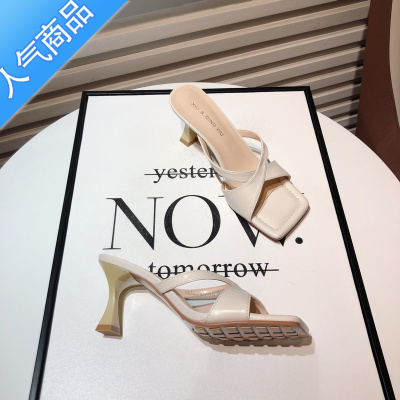 SUNTEK2023夏季新款网红时装鞋女细跟方头露趾高跟凉拖鞋百搭外穿一字拖