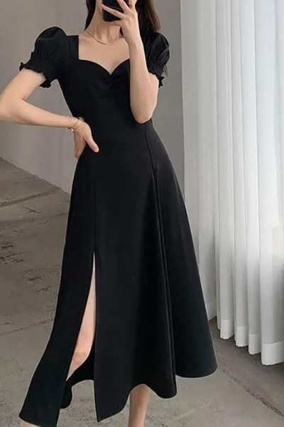 赫本风长裙气质方领复古法式泡泡袖a字夏季新款连衣裙开叉长裙子