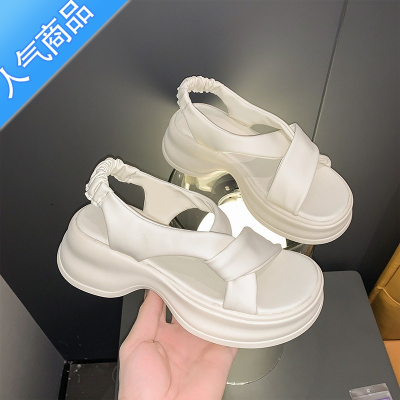 SUNTEK踩屎感凉鞋女款夏2023新款交叉带厚底罗马鞋超火百搭配裙子沙滩鞋