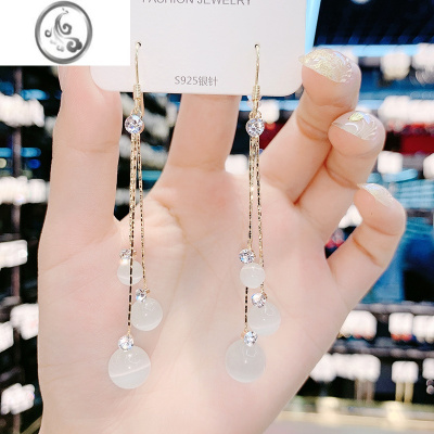 JiMi银银耳环2023新款猫眼石长款流苏耳坠高级感小众设计款耳饰女