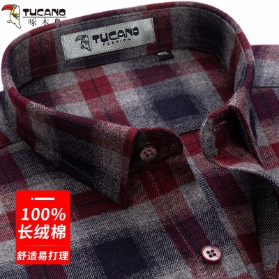 啄木鸟纯棉衬衫男长袖中年爸爸磨毛红色格子商务休闲全棉男士衬衣