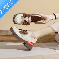 SUNTEK乐福鞋夏季新款复古白色厚底粗跟内增高蝴蝶结圆头英伦风小皮鞋女