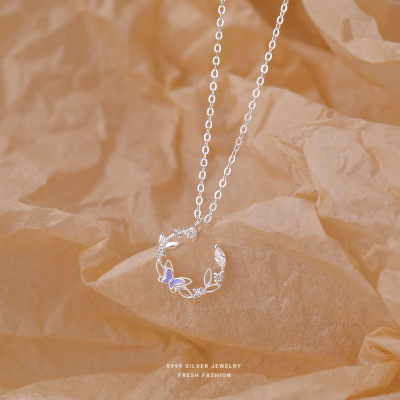 森系仙女风蝴蝶花环项链女s999纯银小众百搭温柔晚晚风足银锁骨链送女朋友老婆情人节七夕生日礼物