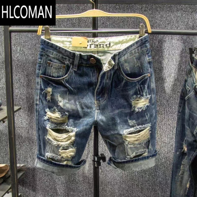 HLCOMAN夏天薄款日系复古刮烂破洞牛仔短裤男潮牌宽松直筒五分乞丐中裤子