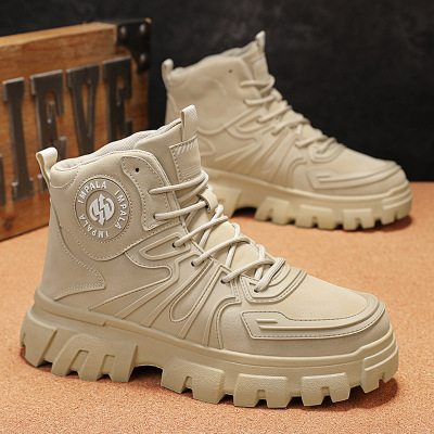 新款简约时尚皮革滴塑男士秋季马丁靴透气休闲舒适系带款高帮靴