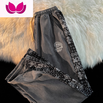 七斓潮牌复古腰果花拼接阔腿卫裤男嘻哈宽松bf潮流百搭夏季直筒休闲裤