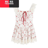 YIBUSHENG系带蕾丝花边碎花吊带连衣裙女季茶歇法式度假裙子收腰a字短裙