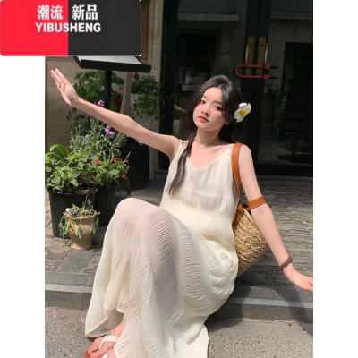 YIBUSHENG温柔风纯色v领吊带连衣裙女季2024新款ins风小众设计感中长裙子