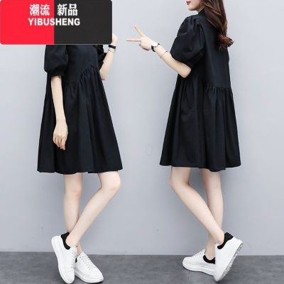 YIBUSHENG2024季新款大码女装遮肚连衣裙女胖mm宽松显瘦灯笼袖a字裙子