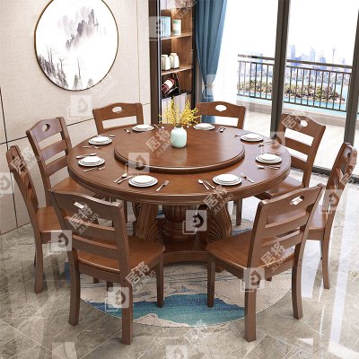 居将实木餐桌圆形餐桌椅组合1.3米圆桌8把餐椅