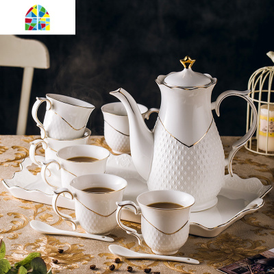 欧式陶瓷家用水具套装冷水壶咖啡壶冷热两用金边耐热凉水杯壶 FENGHOU B款1壶6杯1盘+杯架送6勺子凉水壶