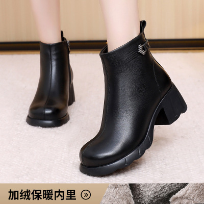 圆头粗跟短靴女25冬季新款牛皮短靴中跟侧拉链靴复古百搭短筒棉