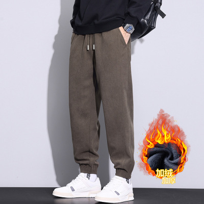 加绒束脚休闲时尚卫裤男士新款秋冬季加厚宽松运动保暖长裤男