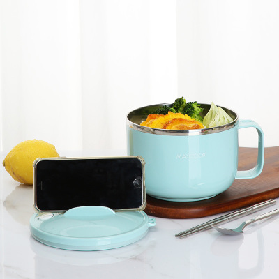 美厨(maxcook)304不锈钢泡面碗 学生饭盒餐杯泡面杯1200ML 带盖防漏防烫耐摔 蓝色MCWA109