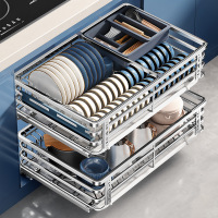 304不锈钢拉篮厨房橱柜调味料双层抽屉式碗碟架滑轨收纳碗篮