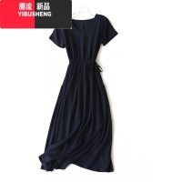 YIBUSHENG纯色斜纹棉绸连衣裙大摆裙系带收腰宽松显瘦V领绵绸长款人造棉