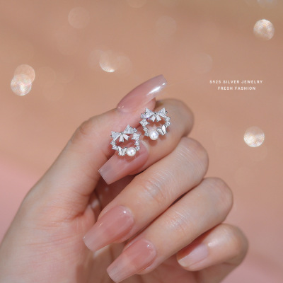 仙女风轻奢蝴蝶结花环淡水珍珠耳钉女s925纯银百搭高级感锆石耳饰送女朋友老婆情人节七夕生日礼物