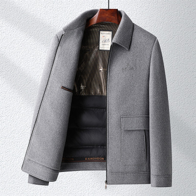 含桑蚕丝羊毛夹克纯色简约鸭绒脱卸内胆双面呢羊毛茄克男秋冬外套