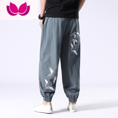 七斓中国风亚麻休闲裤男士夏季古风唐装束脚裤男大码阔腿棉麻九分长裤