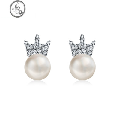 JiMi时尚ins风淡水珍珠耳钉s925银银满钻皇冠耳环小清新锆石耳饰