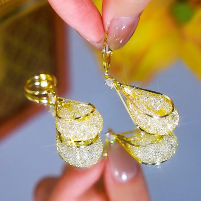 金色气质高级感网状水晶耳扣2025年新款时尚个性长款水滴耳环耳饰送女朋友老婆情人节七夕生日礼物