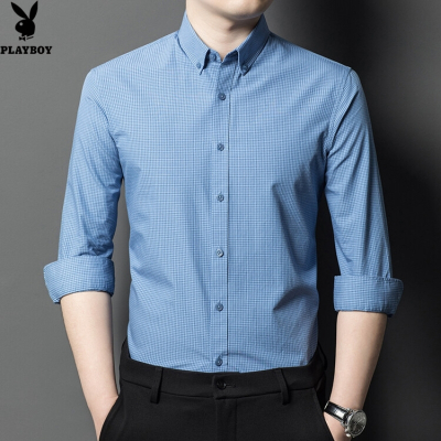 花花公子2024年春秋新款全棉免烫小格子长袖衬衫商务时尚休闲衬衣服