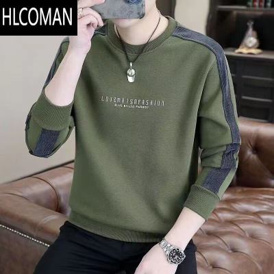 HLCOMAN秋季新款圆领套头卫衣男长袖T恤字母拼接宽松大码休闲时尚体恤衫