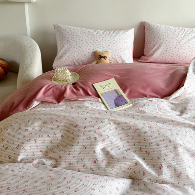 韩系条纹小碎花棉加绒四件套A面纯棉B面宝宝绒1.5m1.8保暖加厚冬