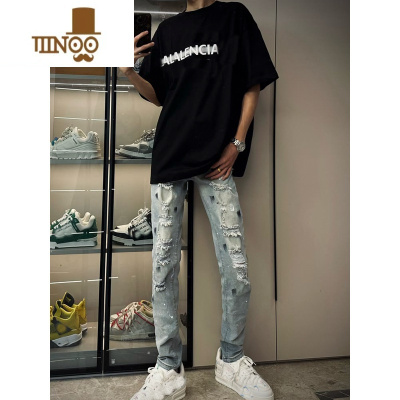 YANXU泼墨牛仔裤男网红四季美式复古破洞直筒裤潮流修身百搭小脚长裤子