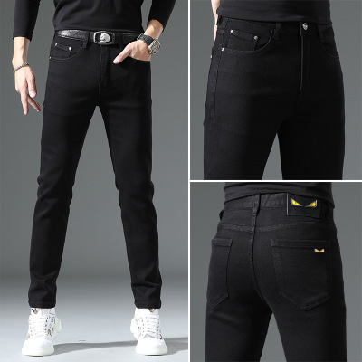 高端潮牌纯黑色牛仔裤男款新款秋冬季弹力修身小脚休闲长裤子
