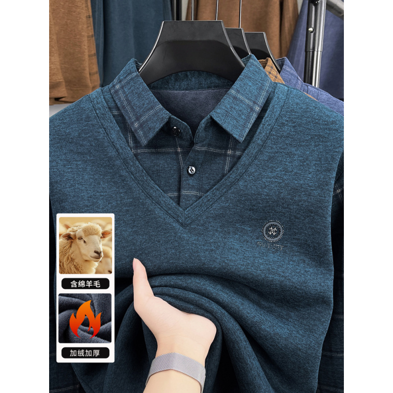 新款T恤冬季男士加绒加厚假两件打底衫男中老年衬衫领保暖针织衫