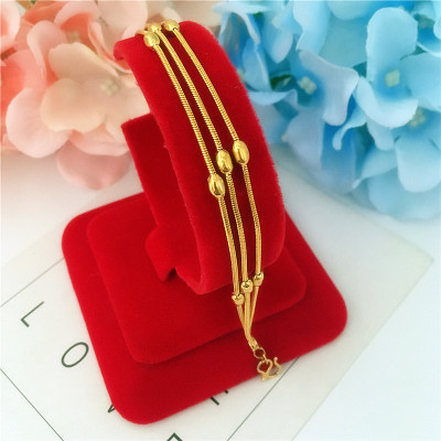 新款韩版沙金手链女 24K铜镀金三线转运珠手链殴币仿金不掉色饰品送女朋友老婆情人节七夕生日礼物