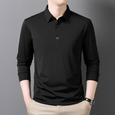 涤氨无缝纯色男士POLO衫秋季新款中年休闲翻领长袖T恤男