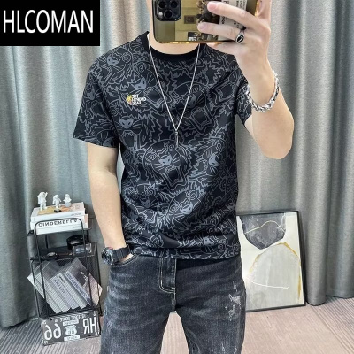 HLCOMAN全身印花短袖t恤男2023新款男士衣服修身半袖体恤衫棉t上衣潮