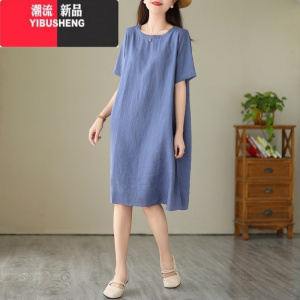 YIBUSHENG2023季新款纯色棉麻短袖连衣裙中长款休闲减龄遮肚显瘦亚麻裙子