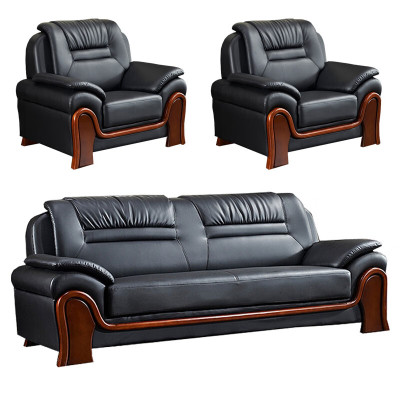 锦北 办公沙发会客区皮沙发办公室中式商务沙发组合 头层黑牛皮1+1+3